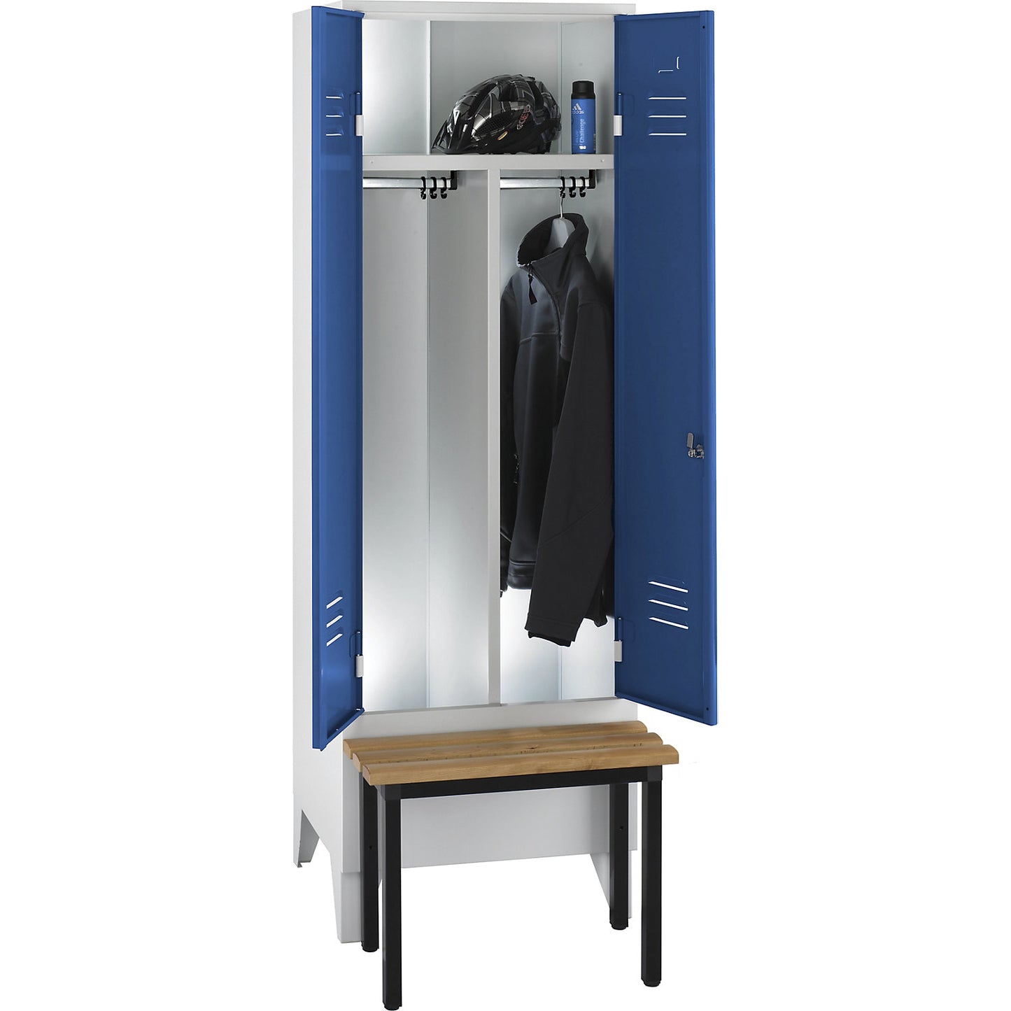 Berlin 2 clean and dirty locker with bench seat, centre divider, 1 compartment, light grey/light blue, W 600 mm, front mounted, beech wood.