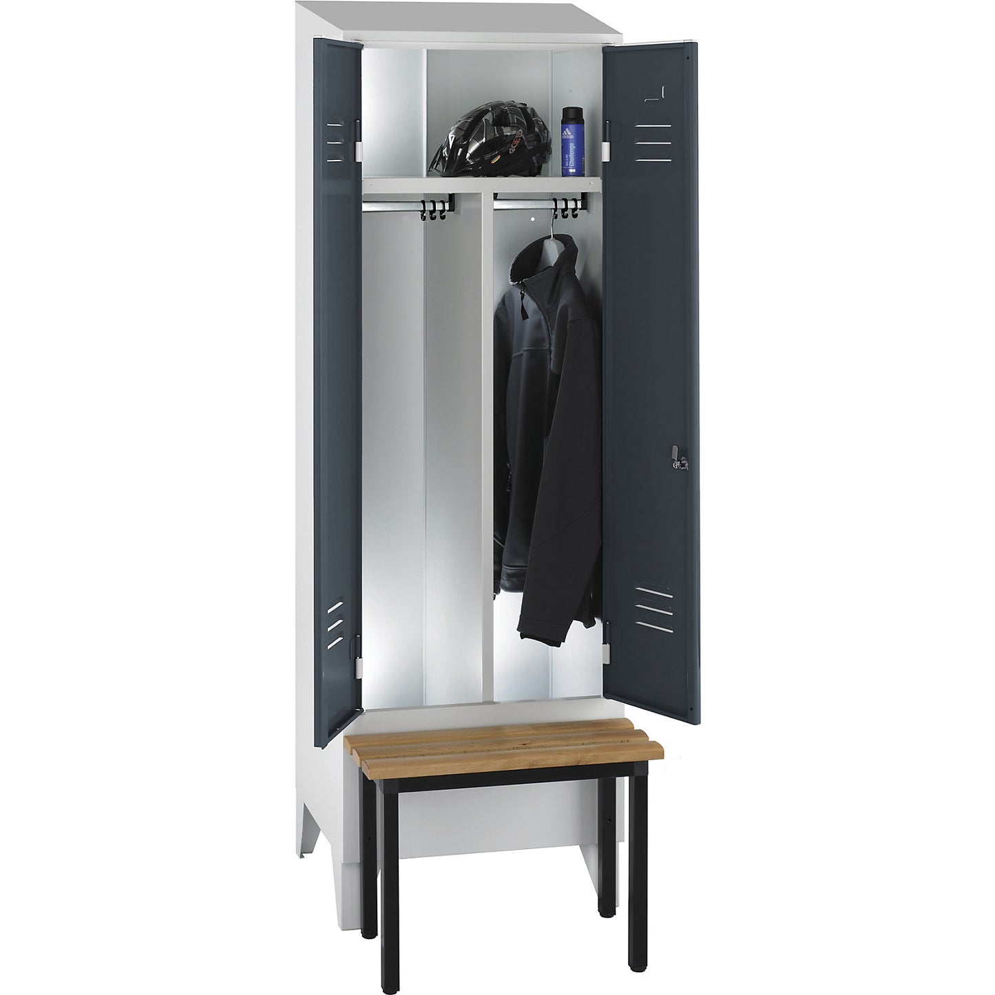 Berlin 2 clean and dirty locker with bench seat, centre divider, 1 compartment, light grey/blue grey, W 600 mm, front mounted, beech wood, sloping roof.