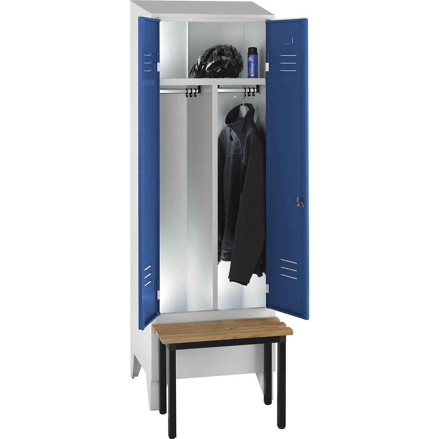 Berlin 2 clean and dirty locker with bench seat, centre divider, 1 compartment, light grey/light blue, W 600 mm, front mounted, beech wood, sloping roof.