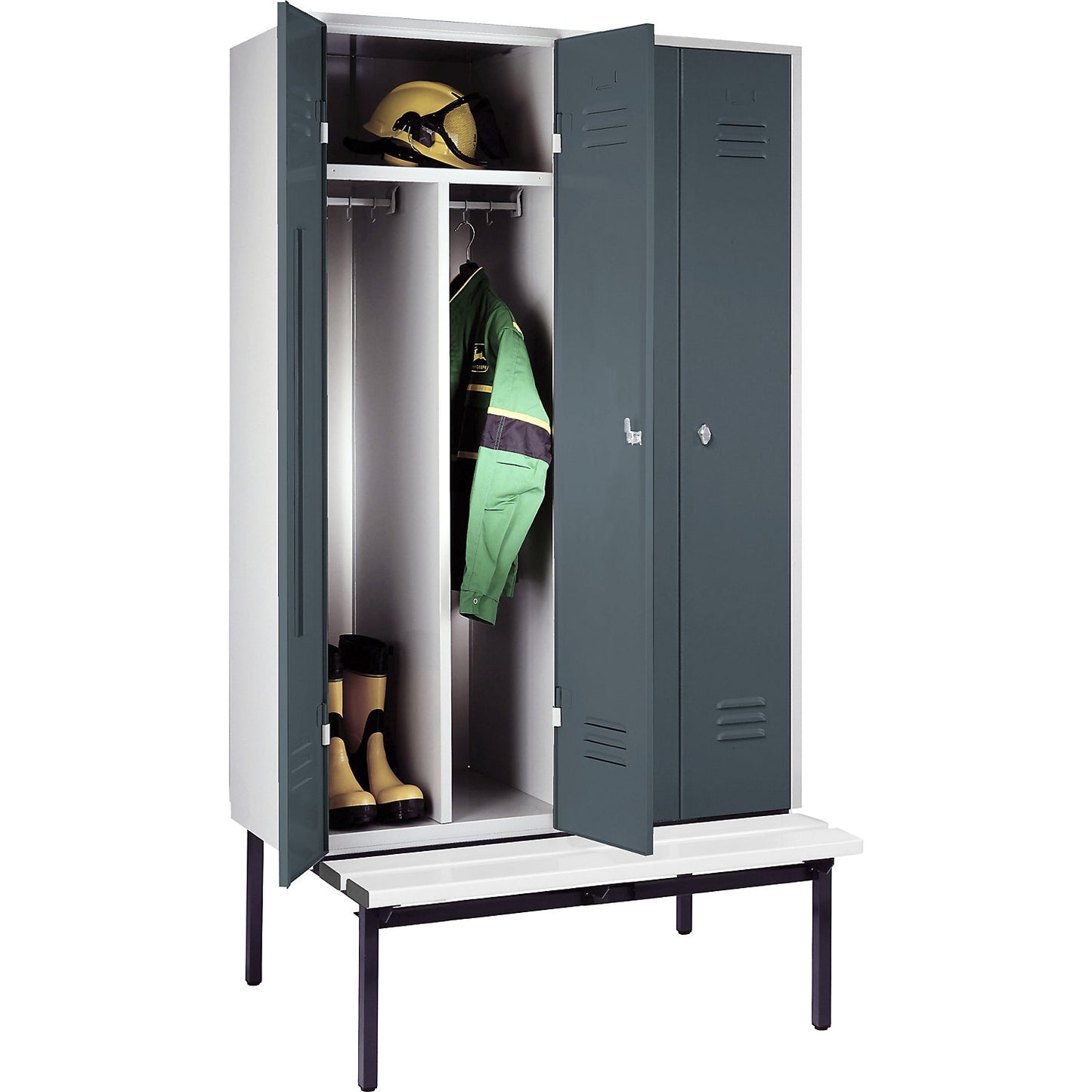 Berlin 2 clean and dirty locker with bench seat, centre divider, 2 compartments, light grey/blue grey, W 1200 mm, base frame, plastic.