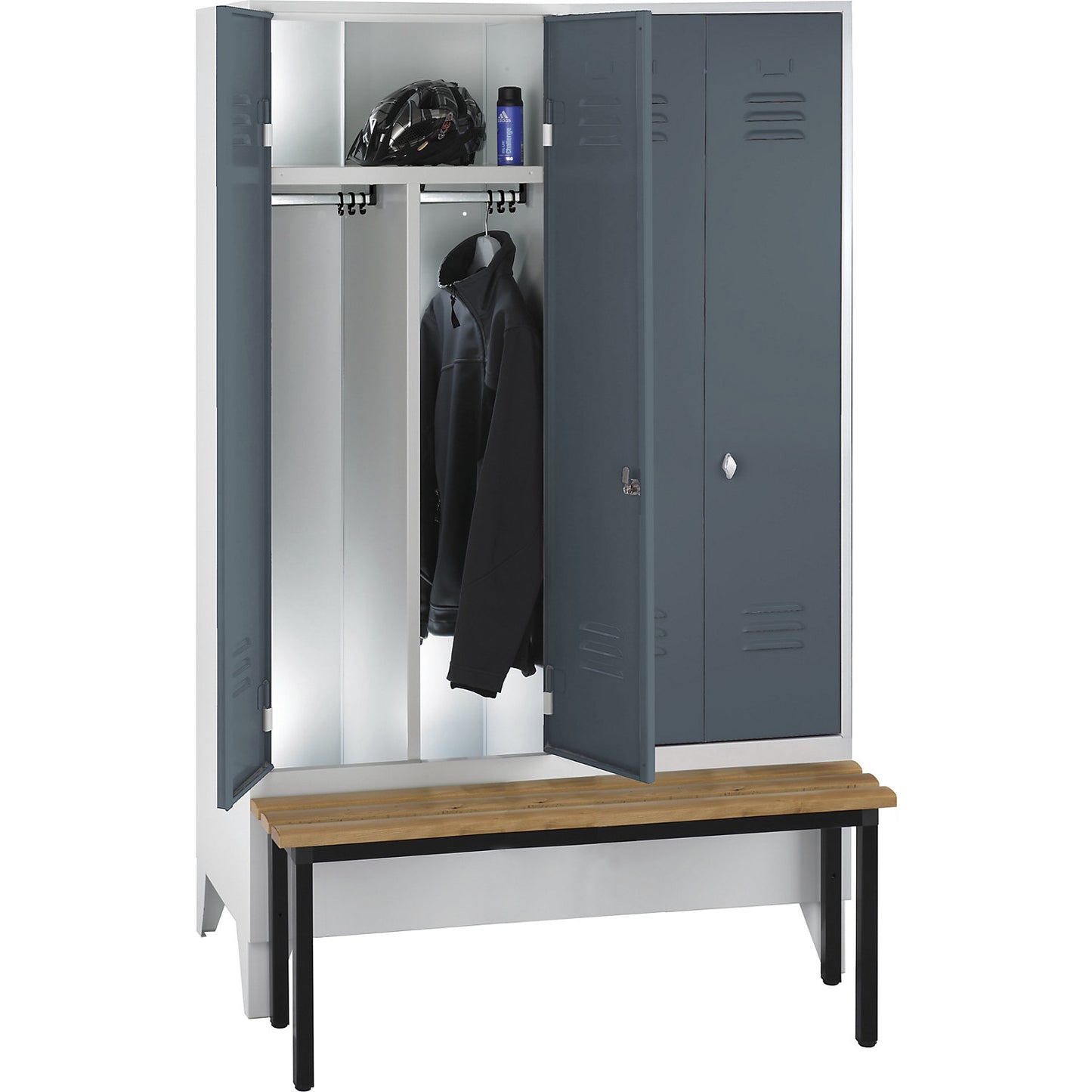 Berlin 2 clean and dirty locker with bench seat, centre divider, 2 compartments, light grey/blue grey, W 1200 mm, front mounted, beech wood.