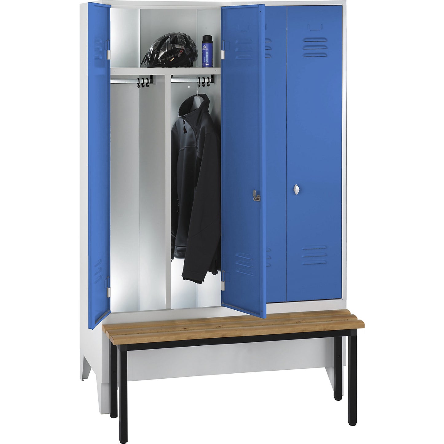 Berlin 2 clean and dirty locker with bench seat, centre divider, 2 compartments, light grey/light blue, W 1200 mm, front mounted, beech wood.