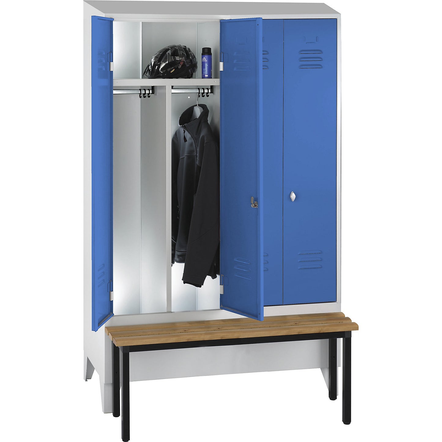 Berlin 2 clean and dirty locker with bench seat, centre divider, 2 compartments, light grey/light blue, W 1200 mm, front mounted, beech wood, sloping roof.