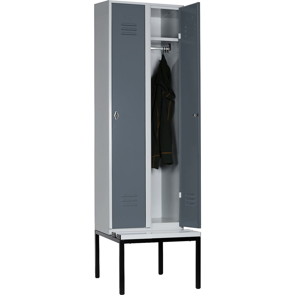 Berlin 2 clothes locker with bench seat, 2 compartments, light grey/blue grey, W 600 mm, base frame, plastic, flat roof.