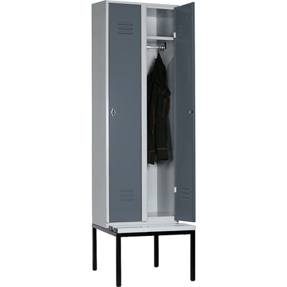 Berlin 2 clothes locker with bench seat, 2 compartments, light grey/blue grey, W 600 mm, base frame, plastic, flat roof.