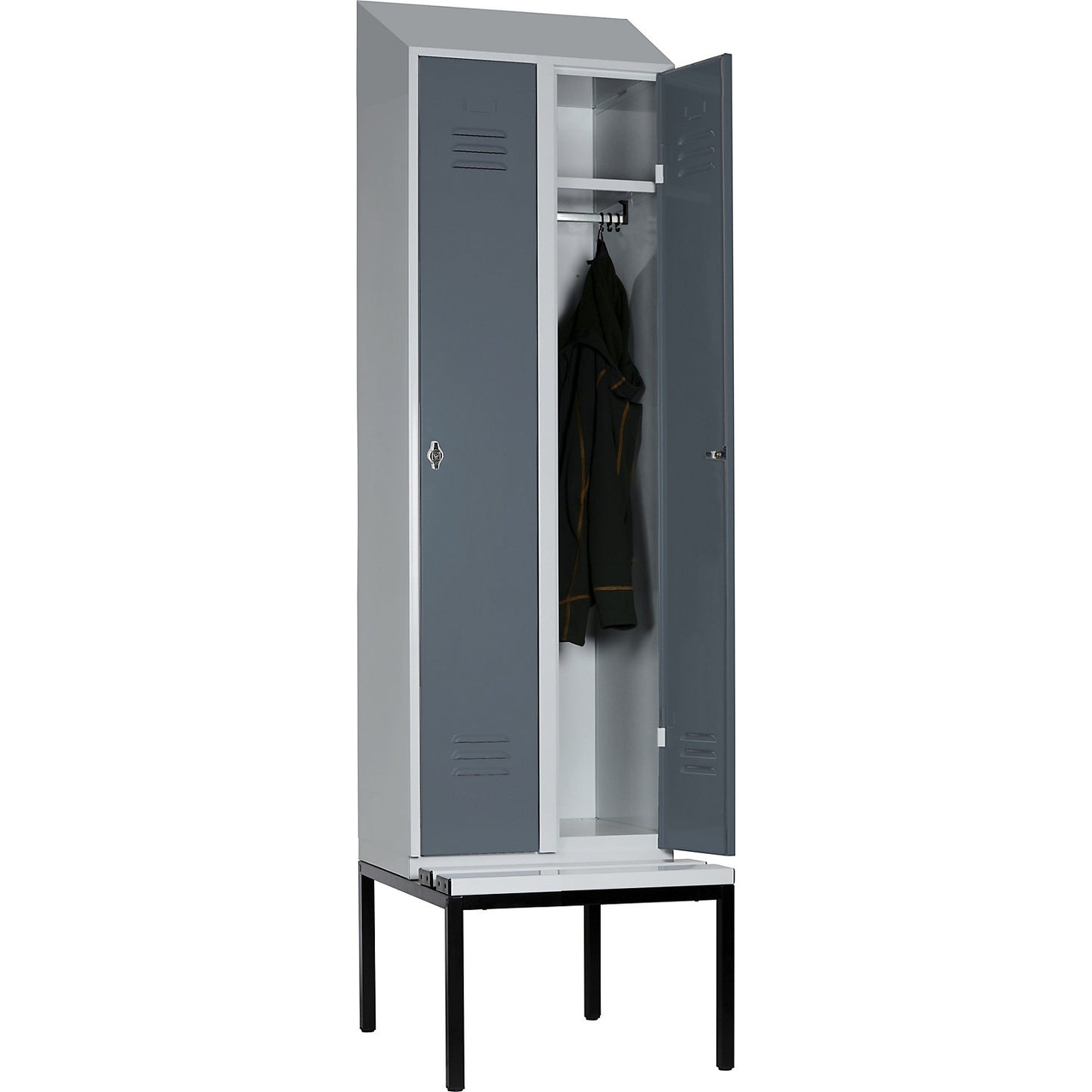 Berlin 2 clothes locker with bench seat, 2 compartments, light grey/blue grey, W 600 mm, base frame, plastic, sloping roof.