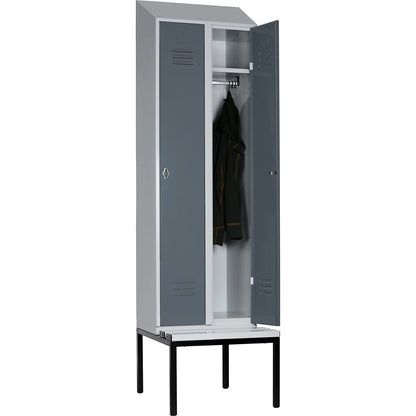 Berlin 2 clothes locker with bench seat, 2 compartments, light grey/blue grey, W 600 mm, base frame, plastic, sloping roof.