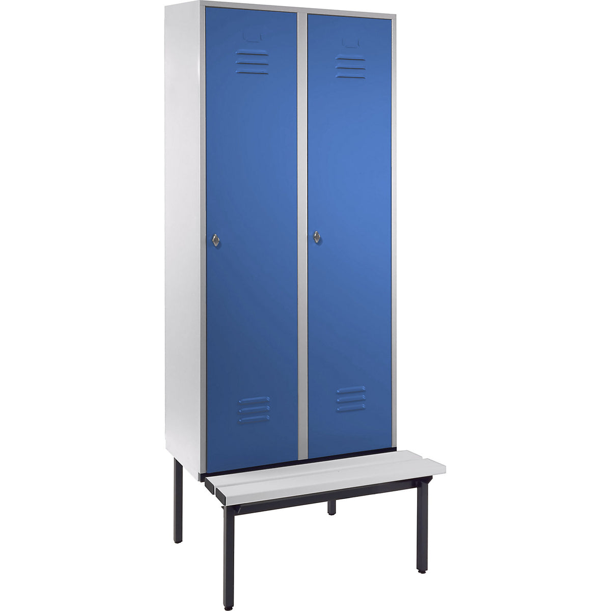 Berlin 2 clothes locker with bench seat, 2 compartments, light grey/light blue, W 800 mm, base frame, plastic.
