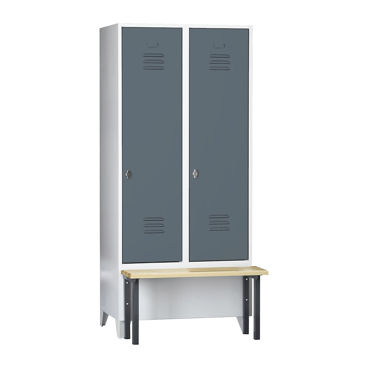 Berlin 2 clothes locker with bench seat, 2 compartments, light grey/blue grey, W 800 mm, front mounted, beech wood.