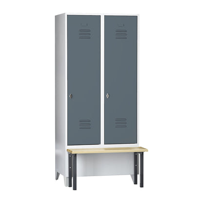 Berlin 2 clothes locker with bench seat, 2 compartments, light grey/blue grey, W 800 mm, front mounted, beech wood.