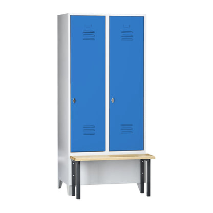 Berlin 2 clothes locker with bench seat, 2 compartments, light grey/light blue, W 800 mm, front mounted, beech wood.