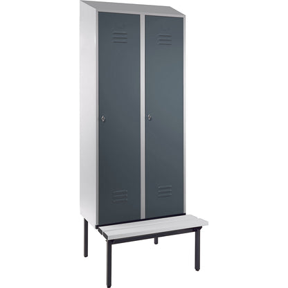 Berlin 2 clothes locker with bench seat, 2 compartments, light grey/blue grey, W 800 mm, base frame, plastic, sloping roof.