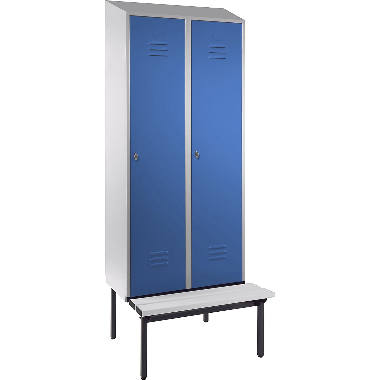 Berlin 2 clothes locker with bench seat, 2 compartments, light grey/light blue, W 800 mm, base frame, plastic, sloping roof.