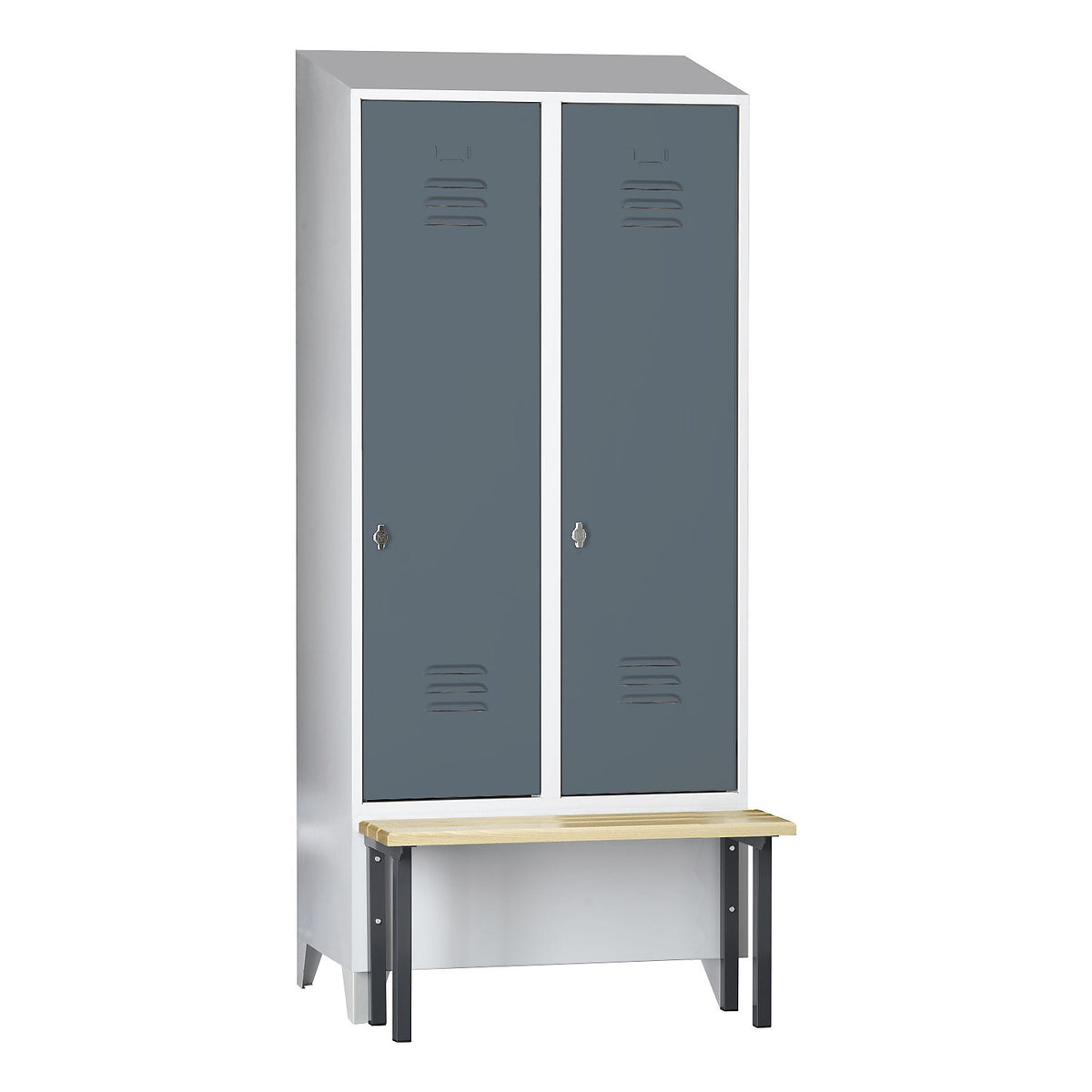 Berlin 2 clothes locker with bench seat, 2 compartments, light grey/blue grey, W 800 mm, front mounted, beech wood, sloping roof.