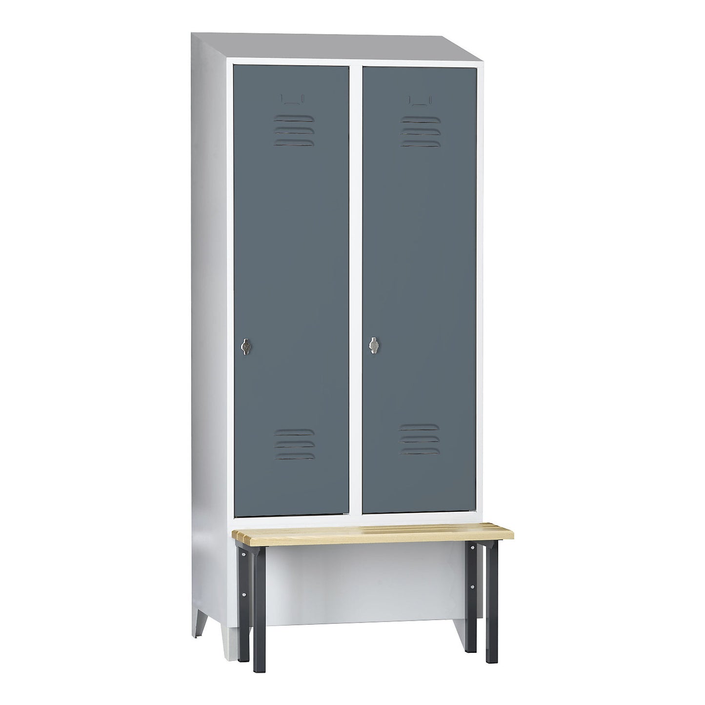 Berlin 2 clothes locker with bench seat, 2 compartments, light grey/blue grey, W 800 mm, front mounted, beech wood, sloping roof.