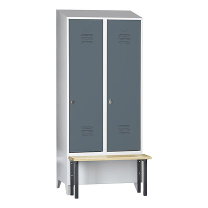 Berlin 2 clothes locker with bench seat, 2 compartments, light grey/blue grey, W 800 mm, front mounted, beech wood, sloping roof.