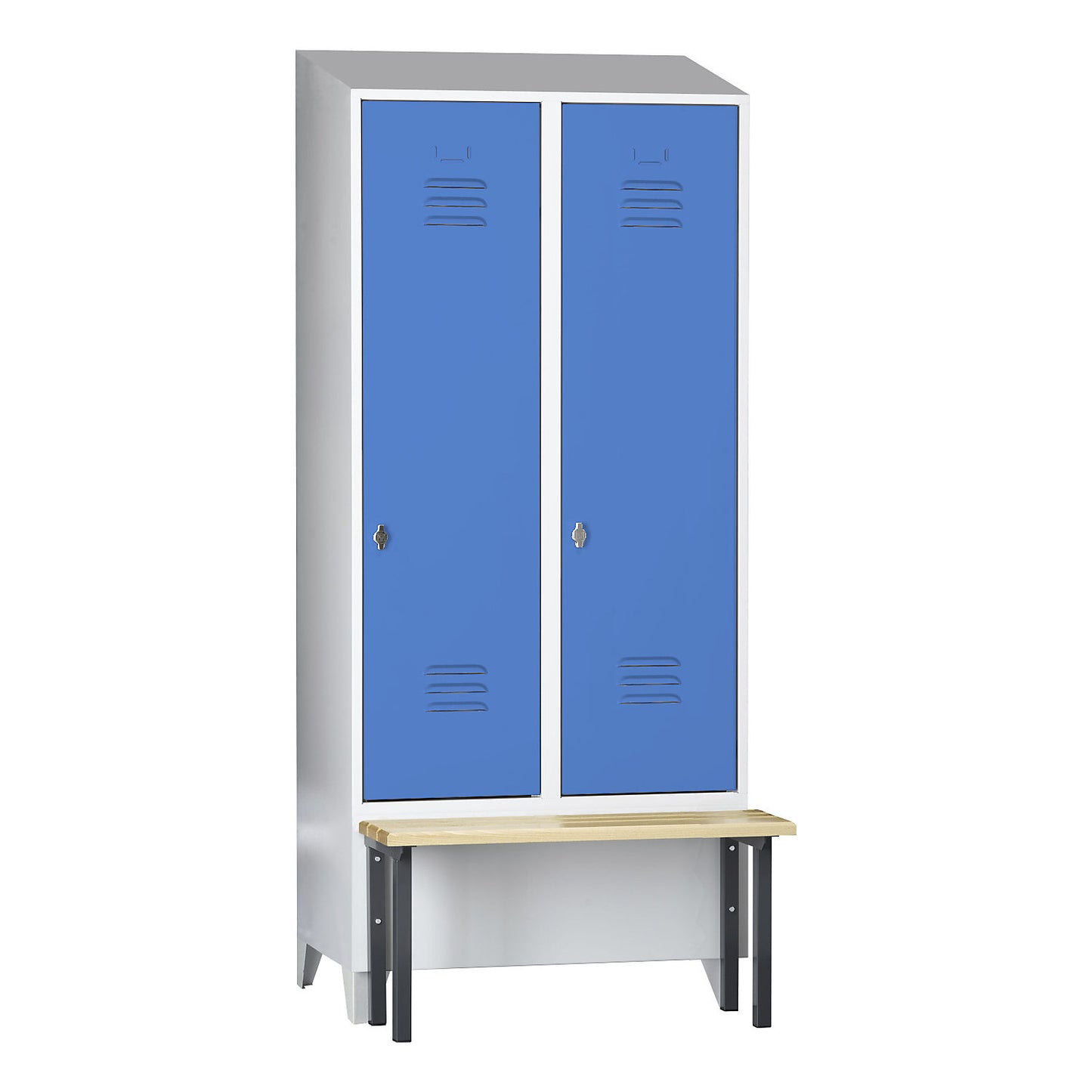 Berlin 2 clothes locker with bench seat, 2 compartments, light grey/light blue, W 800 mm, front mounted, beech wood, sloping roof.