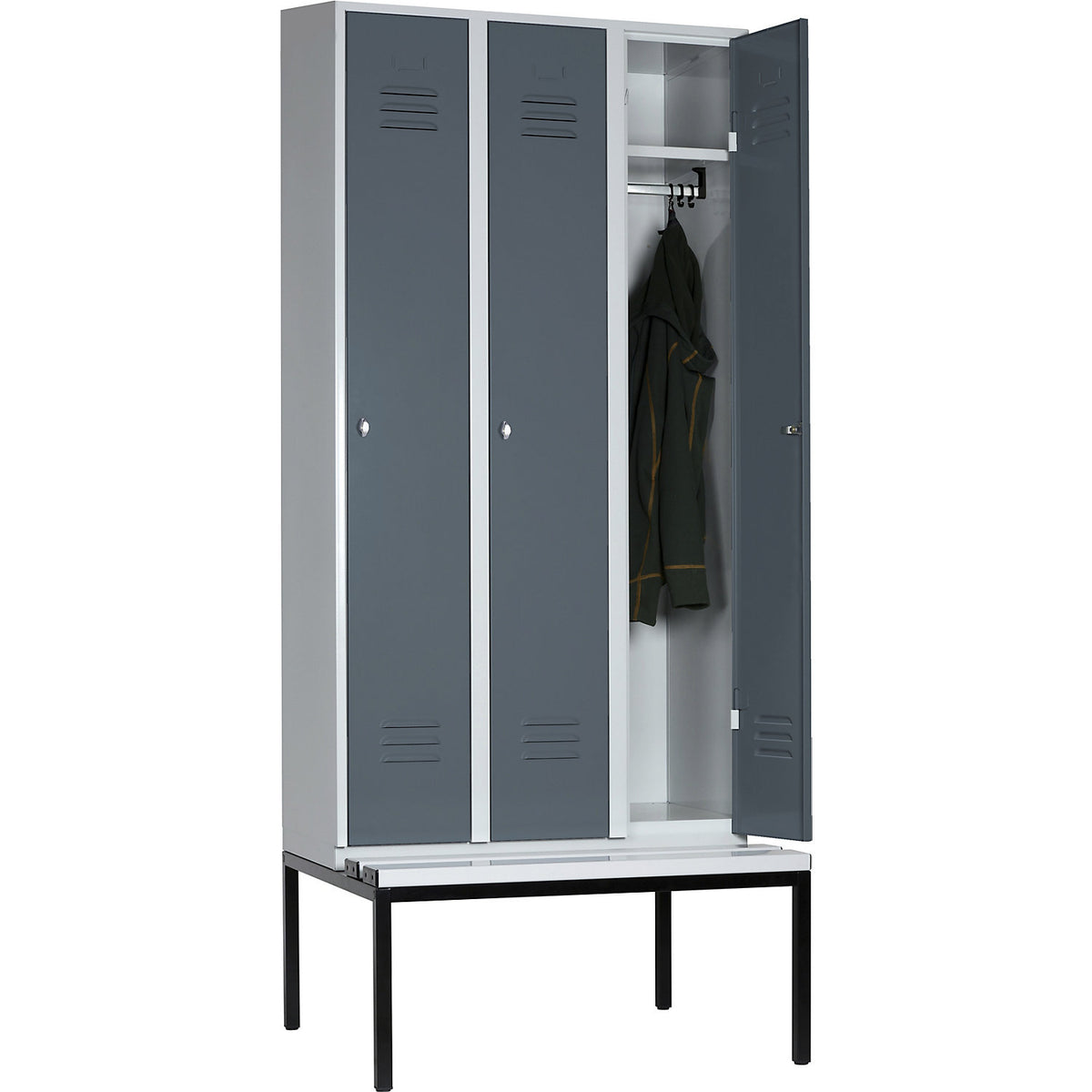 Berlin 2 clothes locker with bench seat, 3 compartments, light grey/blue grey, W 900 mm, base frame, plastic.