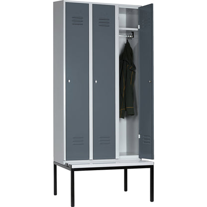Berlin 2 clothes locker with bench seat, 3 compartments, light grey/blue grey, W 900 mm, base frame, plastic.