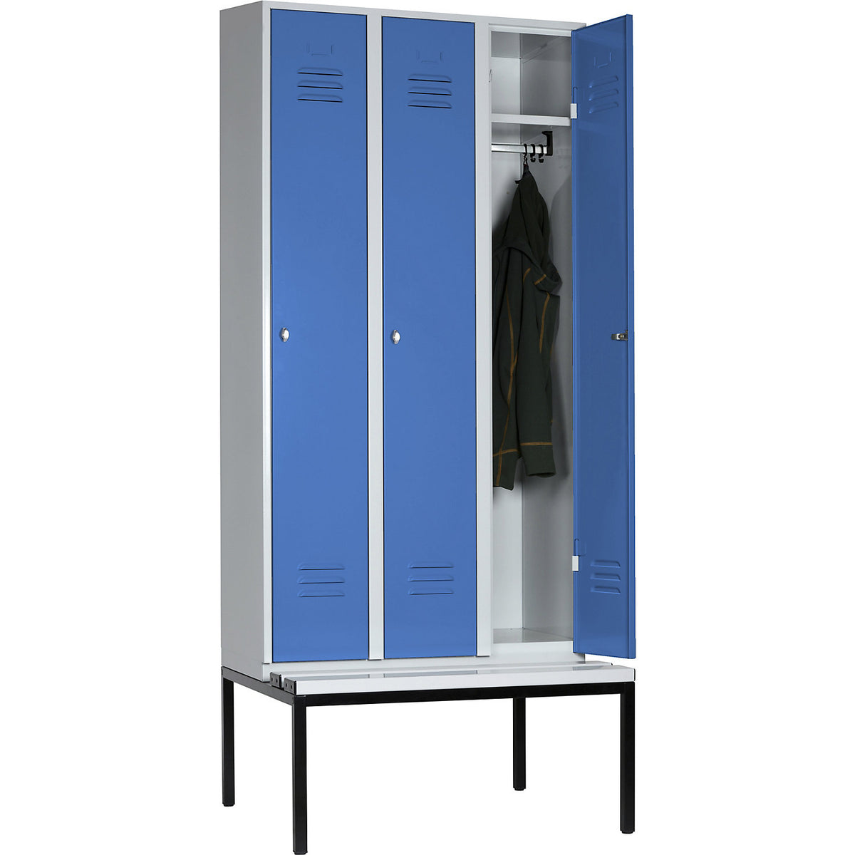 Berlin 2 clothes locker with bench seat, 3 compartments, light grey/light blue, W 900 mm, base frame, plastic.