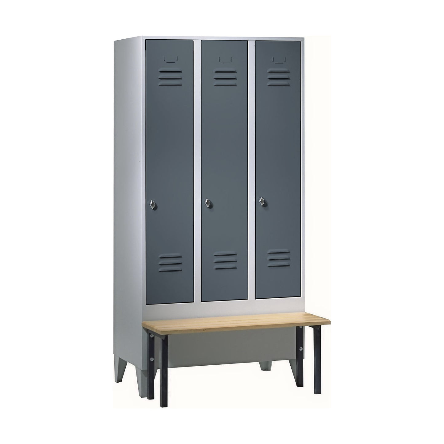 Berlin 2 clothes locker with bench seat, 3 compartments, light grey/blue grey, W 900 mm, front mounted, beech wood.