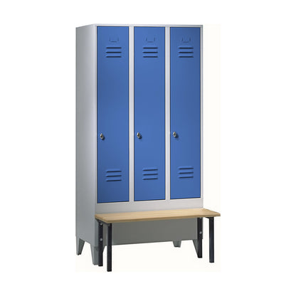 Berlin 2 clothes locker with bench seat, 3 compartments, light grey/light blue, W 900 mm, front mounted, beech wood.
