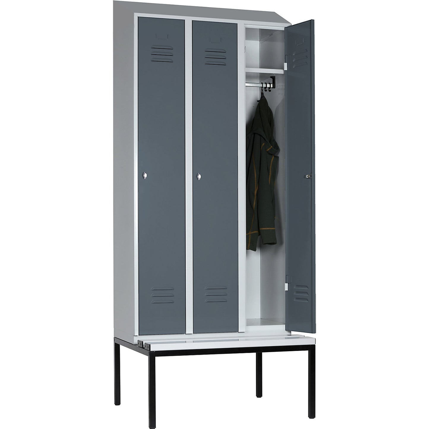 Berlin 2 clothes locker with bench seat, 3 compartments, light grey/blue grey, W 900 mm, base frame, plastic, sloping roof.