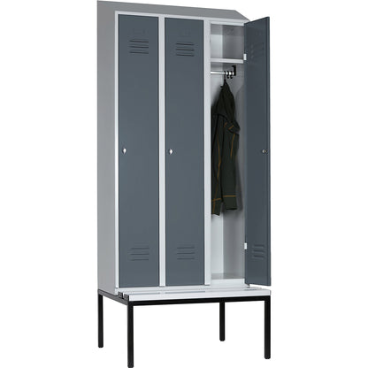 Berlin 2 clothes locker with bench seat, 3 compartments, light grey/blue grey, W 900 mm, base frame, plastic, sloping roof.