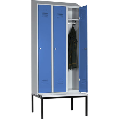 Berlin 2 clothes locker with bench seat, 3 compartments, light grey/light blue, W 900 mm, base frame, plastic, sloping roof.