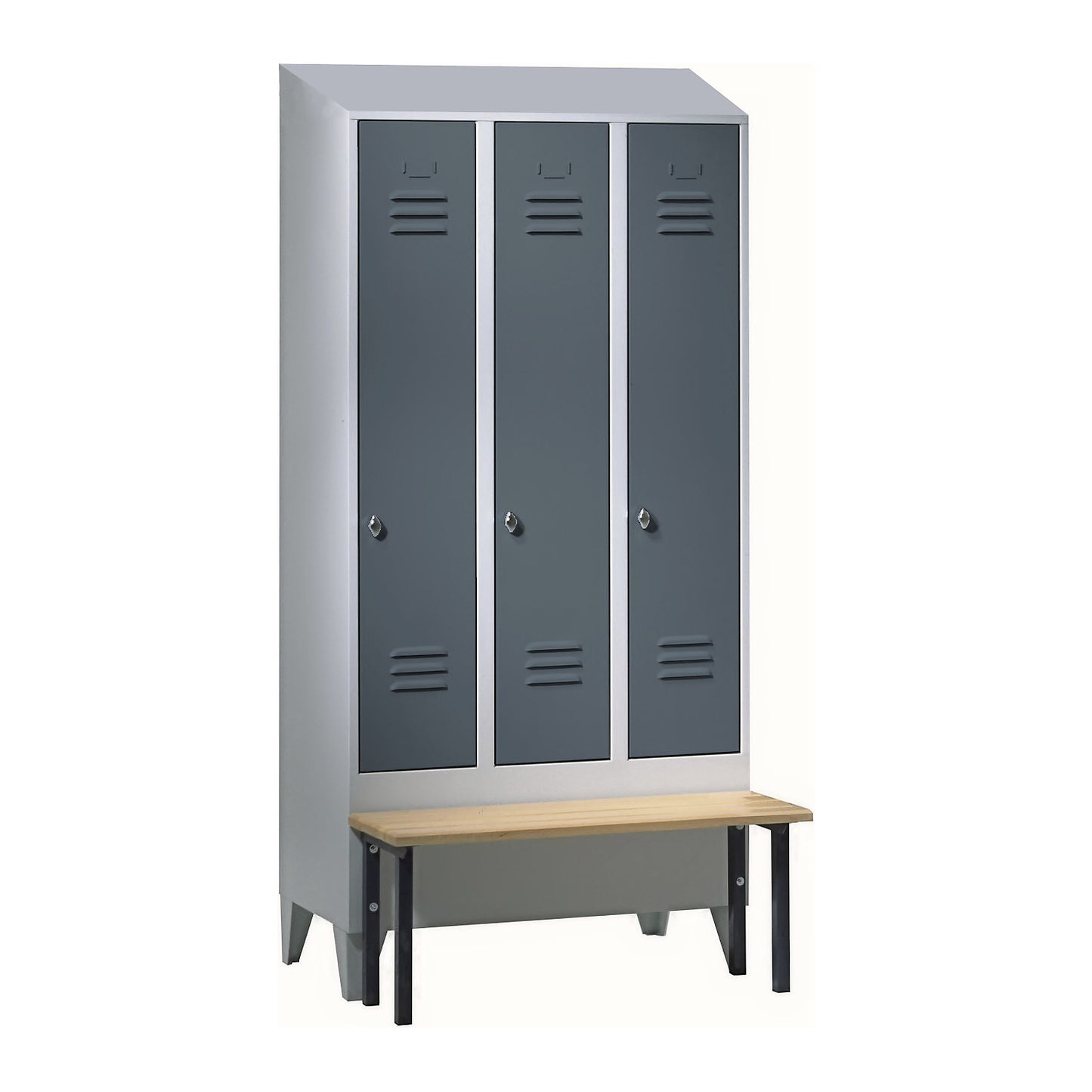 Berlin 2 clothes locker with bench seat, 3 compartments, light grey/blue grey, W 900 mm, front mounted, beech wood, sloping roof.