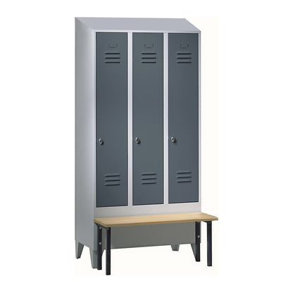 Berlin 2 clothes locker with bench seat, 3 compartments, light grey/blue grey, W 900 mm, front mounted, beech wood, sloping roof.