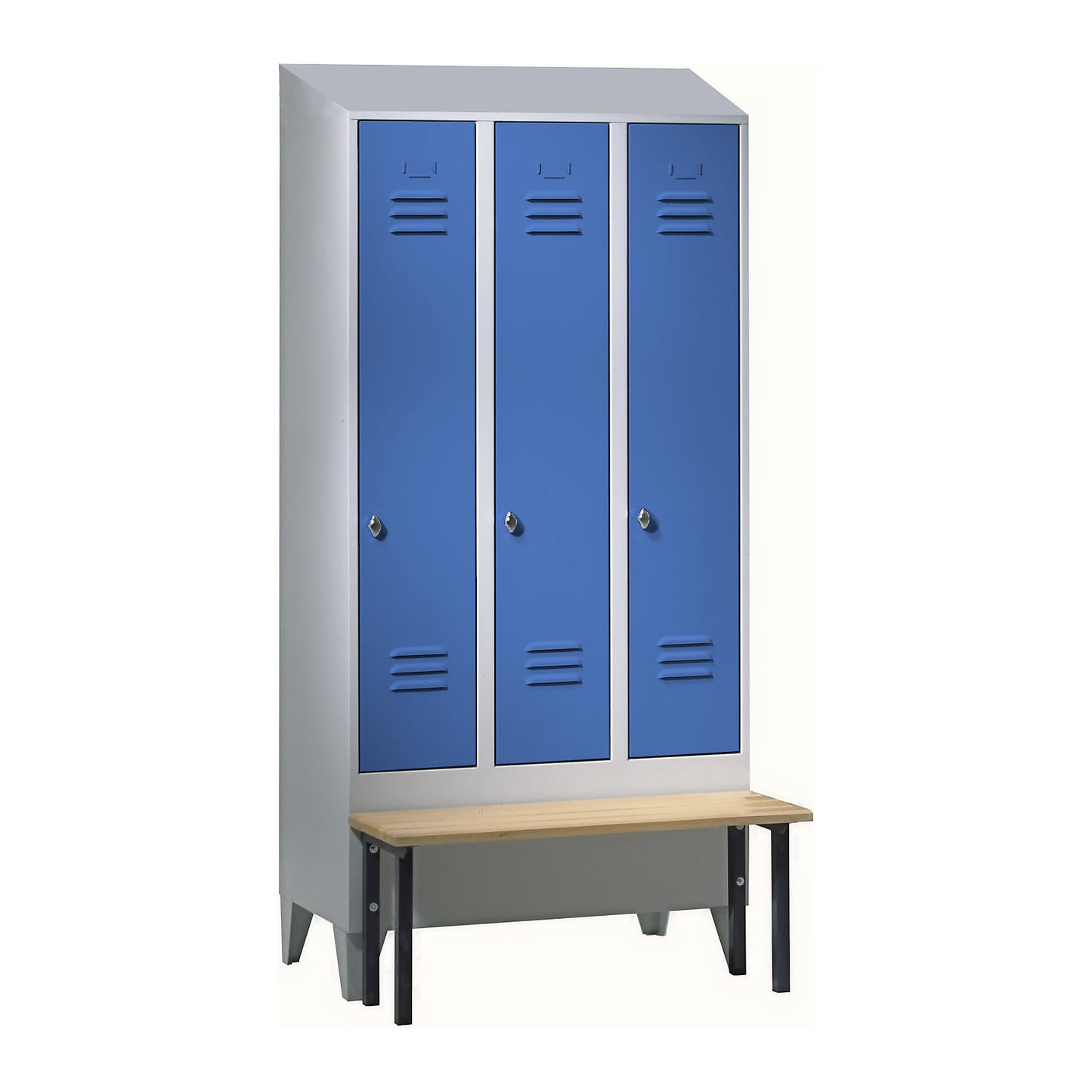 Berlin 2 clothes locker with bench seat, 3 compartments, light grey/light blue, W 900 mm, front mounted, beech wood, sloping roof.