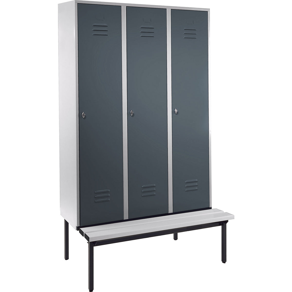 Berlin 2 clothes locker with bench seat, 3 compartments, light grey/blue grey, W 1200 mm, base frame, plastic.
