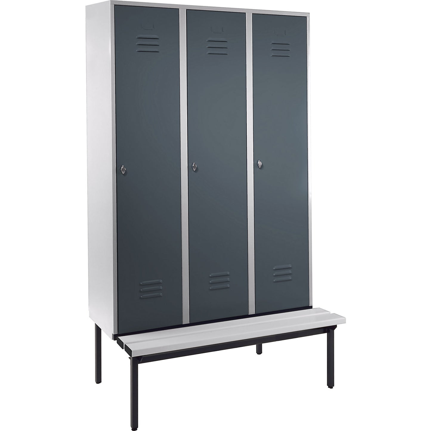 Berlin 2 clothes locker with bench seat, 3 compartments, light grey/blue grey, W 1200 mm, base frame, plastic.