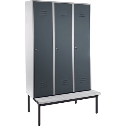 Berlin 2 clothes locker with bench seat, 3 compartments, light grey/blue grey, W 1200 mm, base frame, plastic.