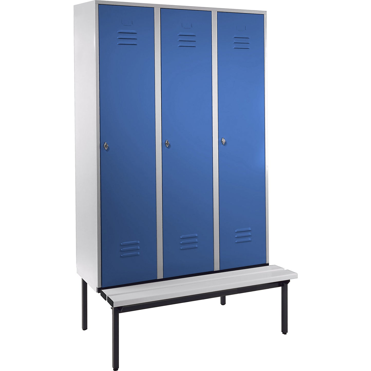 Berlin 2 clothes locker with bench seat, 3 compartments, light grey/light blue, W 1200 mm, base frame, plastic.
