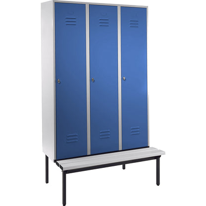 Berlin 2 clothes locker with bench seat, 3 compartments, light grey/light blue, W 1200 mm, base frame, plastic.
