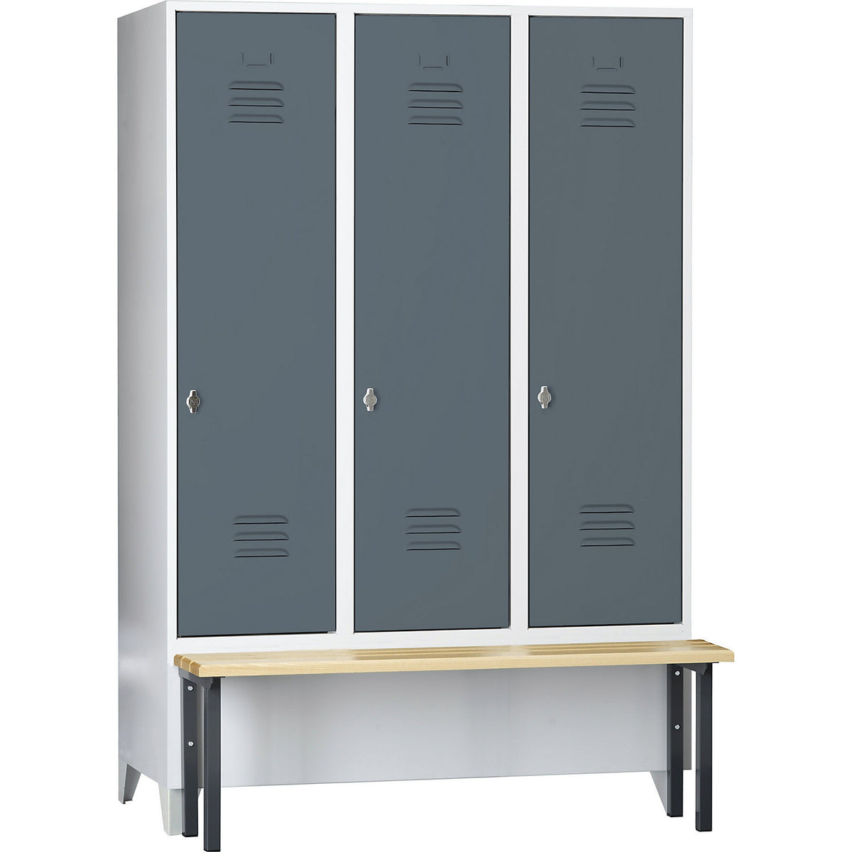 Berlin 2 clothes locker with bench seat, 3 compartments, light grey/blue grey, W 1200 mm, front mounted, beech wood.