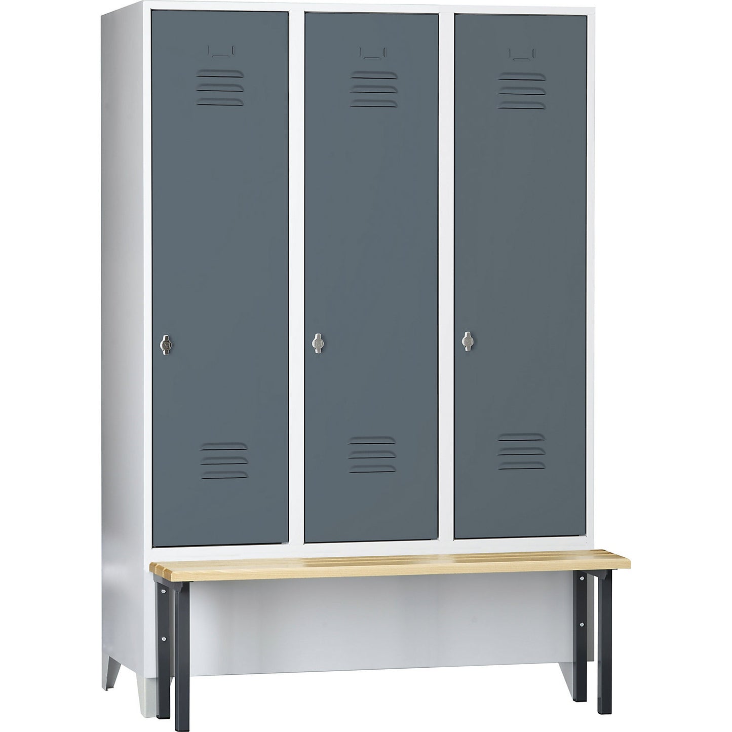 Berlin 2 clothes locker with bench seat, 3 compartments, light grey/blue grey, W 1200 mm, front mounted, beech wood.