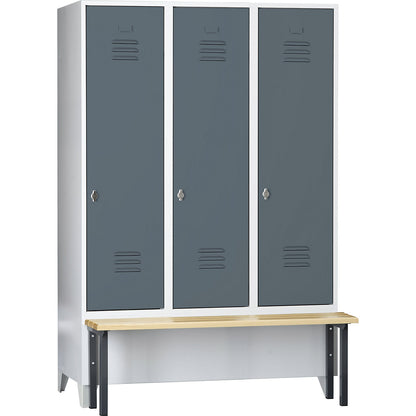 Berlin 2 clothes locker with bench seat, 3 compartments, light grey/blue grey, W 1200 mm, front mounted, beech wood.