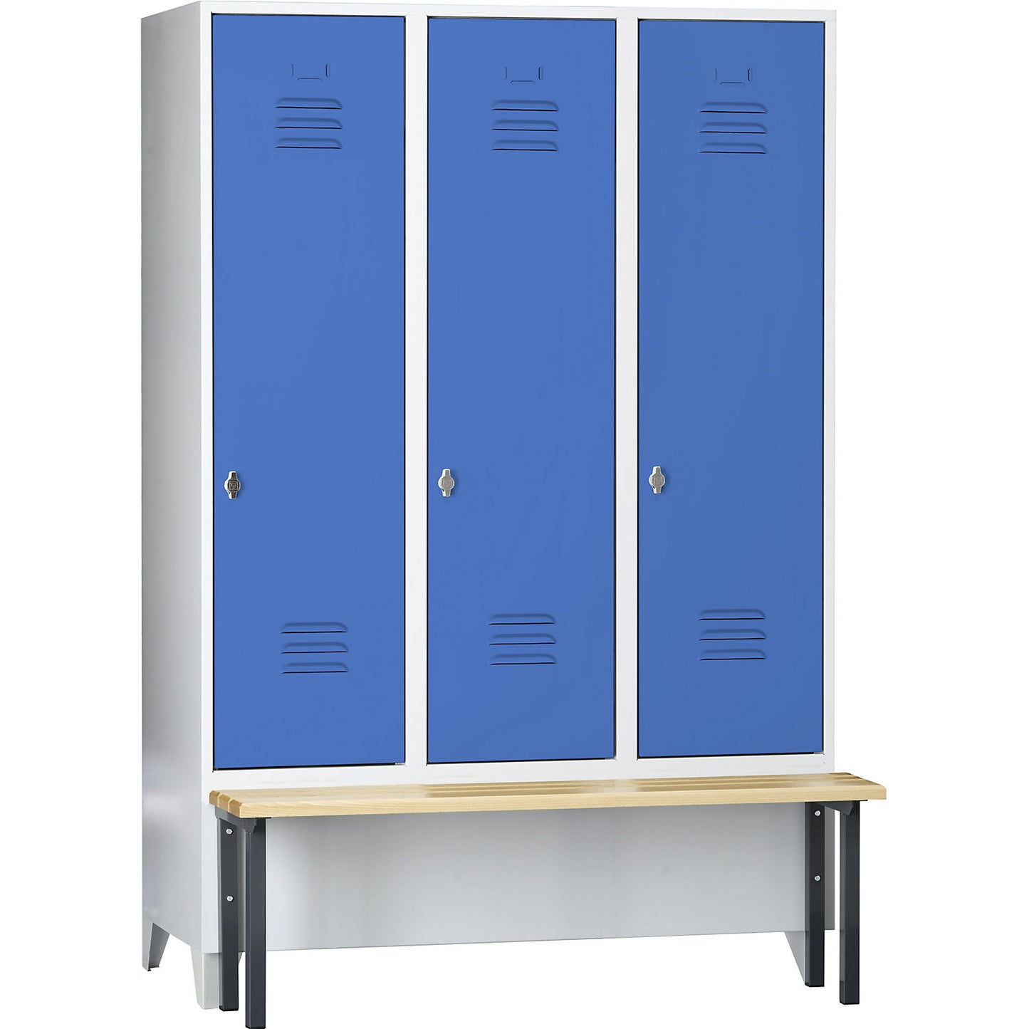 Berlin 2 clothes locker with bench seat, 3 compartments, light grey/light blue, W 1200 mm, front mounted, beech wood.