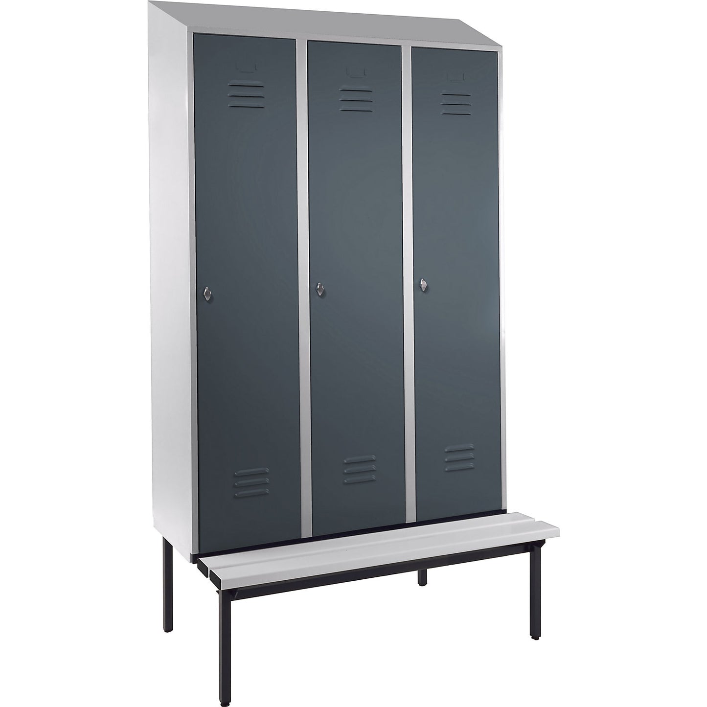 Berlin 2 clothes locker with bench seat, 3 compartments, light grey/blue grey, W 1200 mm, base frame, plastic, sloping roof.