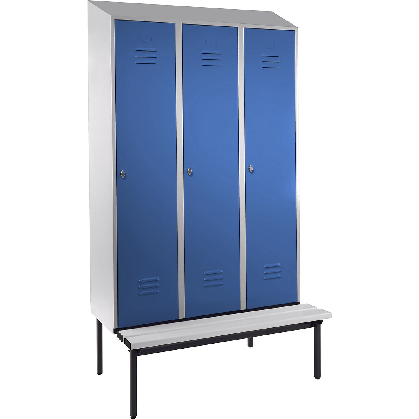 Berlin 2 clothes locker with bench seat, 3 compartments, light grey/light blue, W 1200 mm, base frame, plastic, sloping roof.