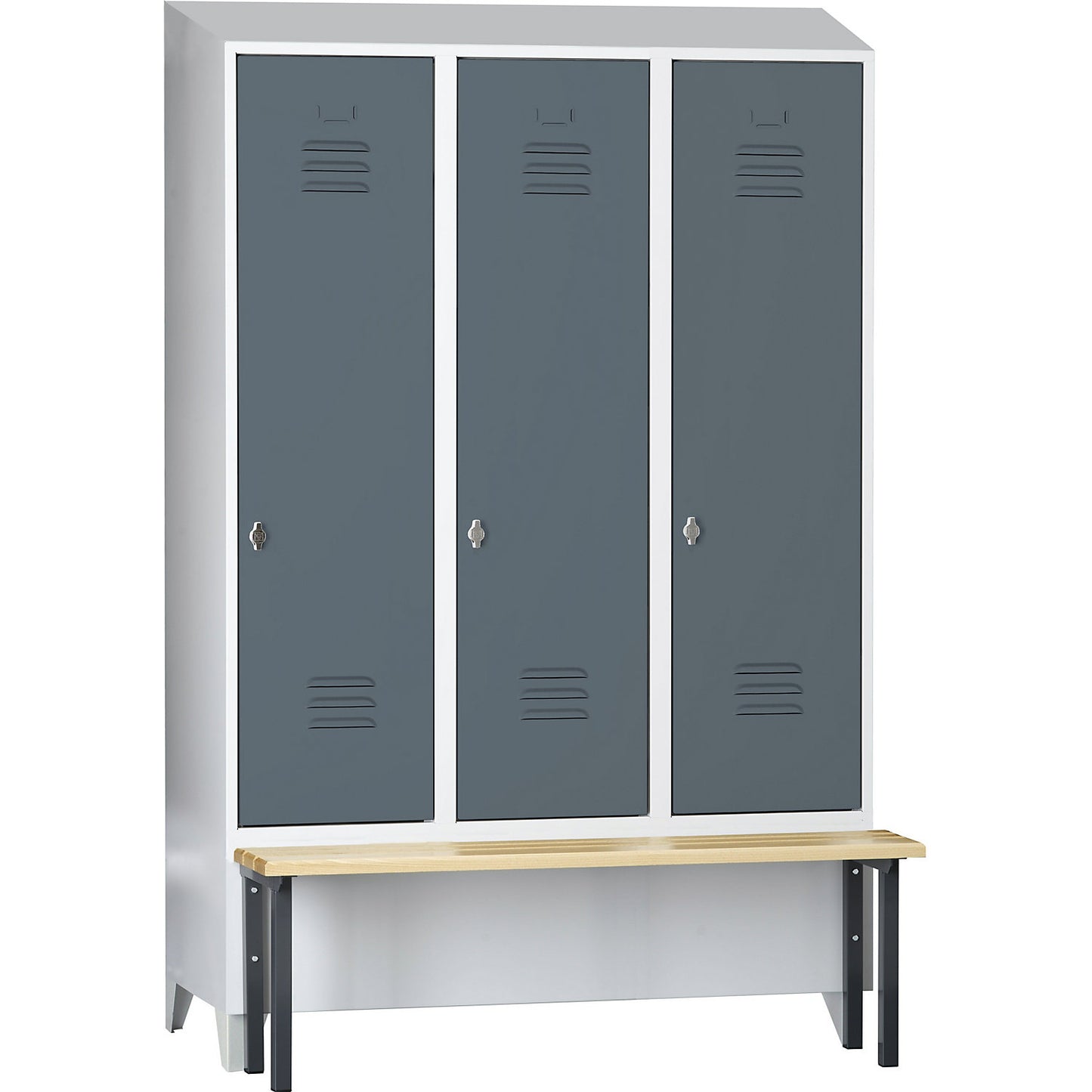 Berlin 2 clothes locker with bench seat, 3 compartments, light grey/blue grey, W 1200 mm, front mounted, beech wood, sloping roof.