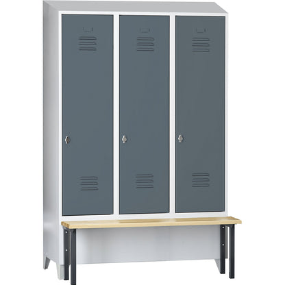 Berlin 2 clothes locker with bench seat, 3 compartments, light grey/blue grey, W 1200 mm, front mounted, beech wood, sloping roof.