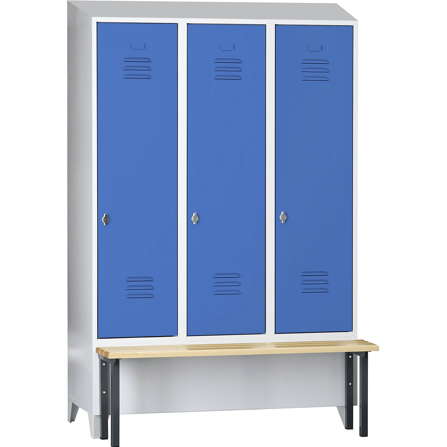 Berlin 2 clothes locker with bench seat, 3 compartments, light grey/light blue, W 1200 mm, front mounted, beech wood, sloping roof.