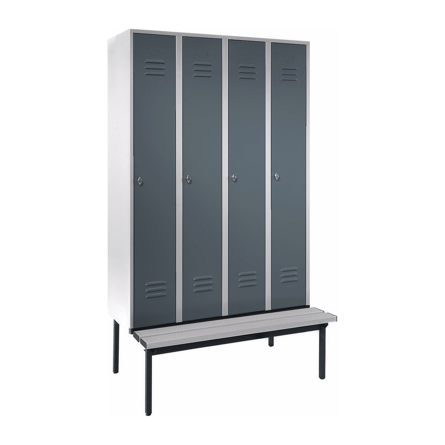 Berlin 2 clothes locker with bench seat, 4 compartments, light grey/blue grey, W 1200 mm, base frame, plastic.