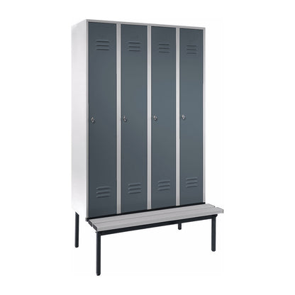 Berlin 2 clothes locker with bench seat, 4 compartments, light grey/blue grey, W 1200 mm, base frame, plastic.