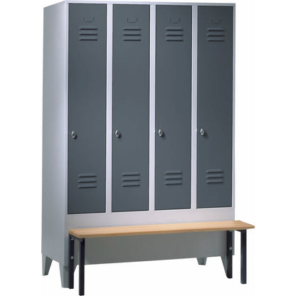 Berlin 2 clothes locker with bench seat, 4 compartments, light grey/blue grey, W 1200 mm, front mounted, beech wood.