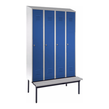 Berlin 2 clothes locker with bench seat, 4 compartments, light grey/light blue, W 1200 mm, base frame, plastic, sloping roof.